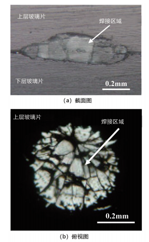 圖 6. 微分干涉差顯微鏡下的焊接區(qū)域微觀形貌（基片預熱溫度 293K，脈沖寬度 7.5ms，光束能量為 2.3J/ 脈沖）。