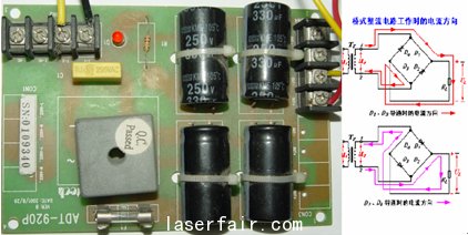 圖1.2.4 橋式整流電路工作時(shí)的電流流向，實(shí)物圖